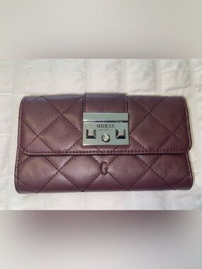 GUESS Quilted Wine Leather Wallet with Silver Hardware